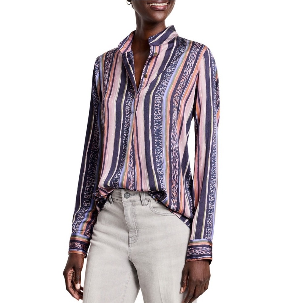 NIC+ZOE Animal Stripe Shirt Indigo Multi Band Collar Blouse F241640 XS NEW